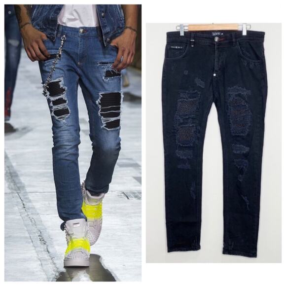 Philipp Plein Super Straight Cut Illegal Fight Club Jeans Idra Black Distressed